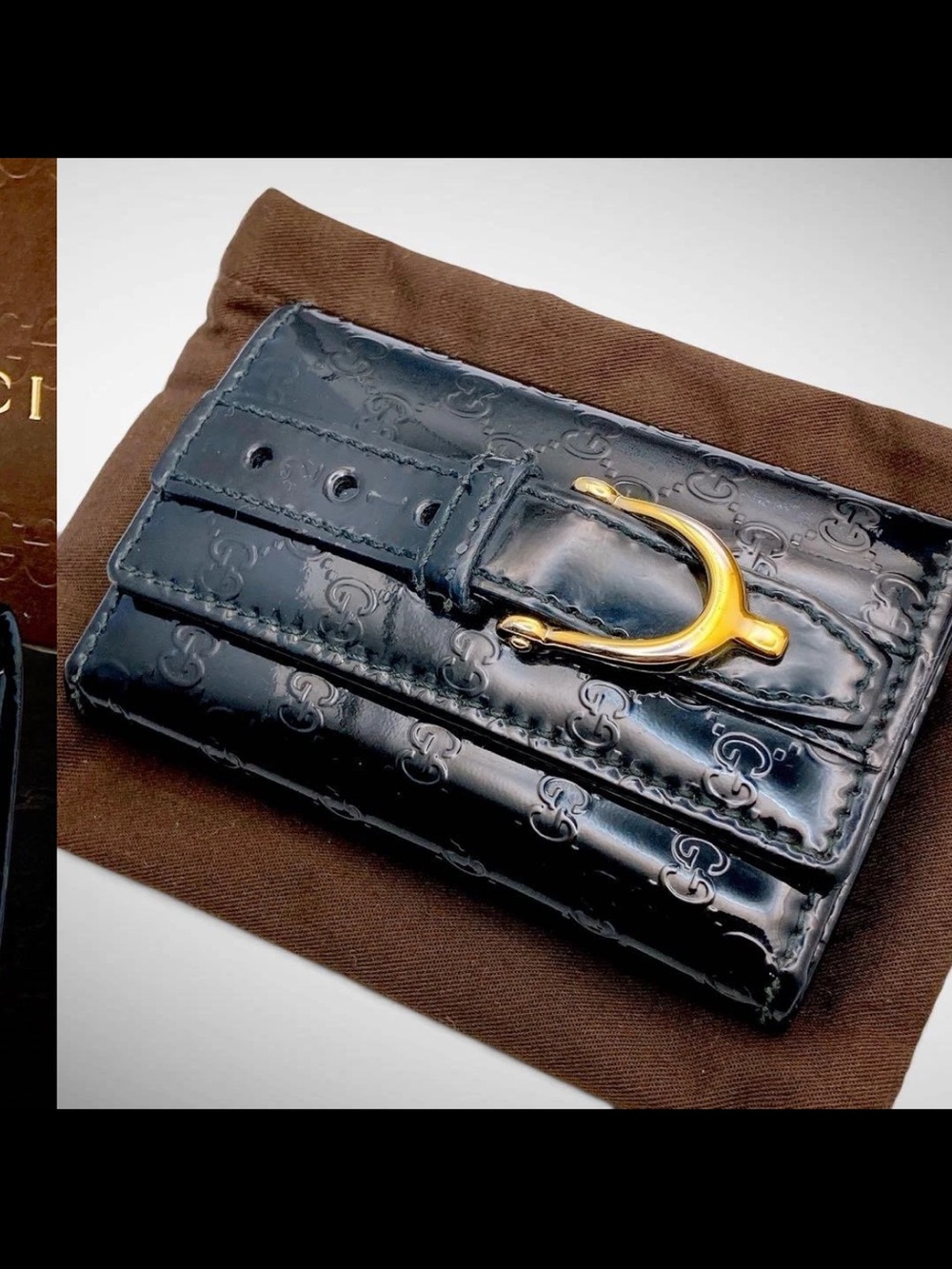 Gucci Black Patent Leather Card Holder with Gold Horsebit Buckle